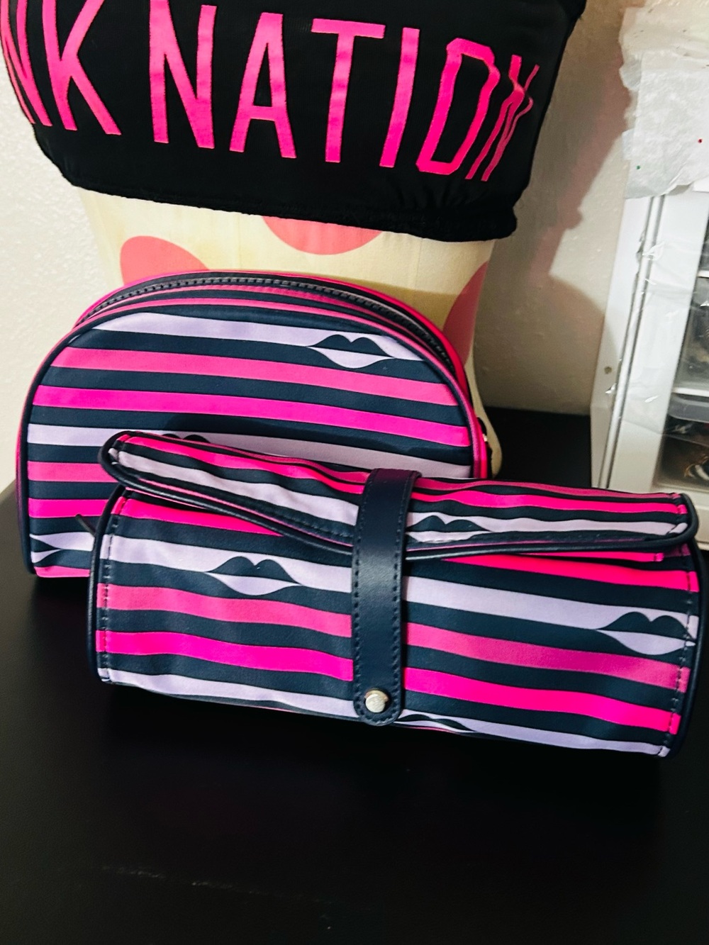 Striped Kate Spade ♠️ Jae Nylon -Cosmetic Bag Set